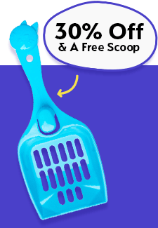 Kitty Poo Club blue litter scoop offer with "Free Scoop" call-to-action.