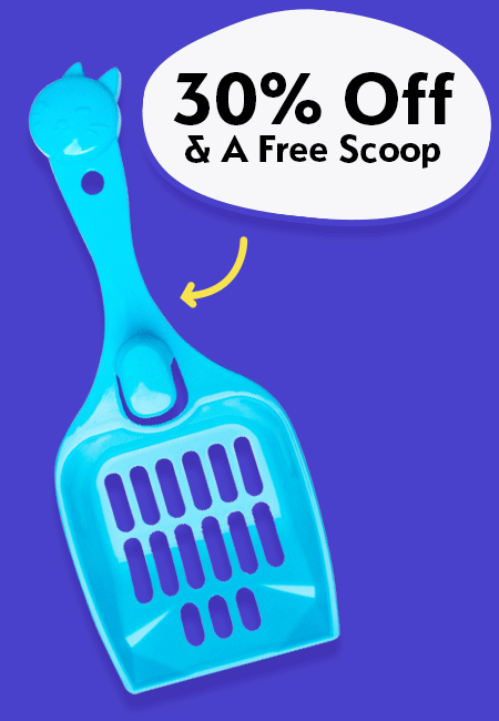 Kitty Poo Club blue litter scoop offer with "Free Scoop" call-to-action.