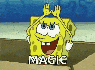 spongebob gesturing hands in a shape of a rainbow with the word "magic" on the bottom
