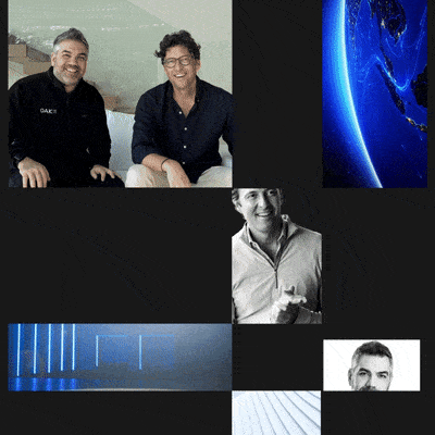 A moving seamless grid collage displaying multiple images of HumanX founders Stefan Weitz and Jonathan Weiner. The images are in black and white with hints of blue, portraying their friendship and entrepreneurial ventures. The grid showcases the duo in various settings, suggesting a sense of collaboration and shared vision in their business endeavors.
